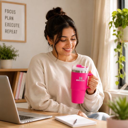 Stanley Style Stainless Steel Vacuum Insulated Tumbler 600ml with Straw