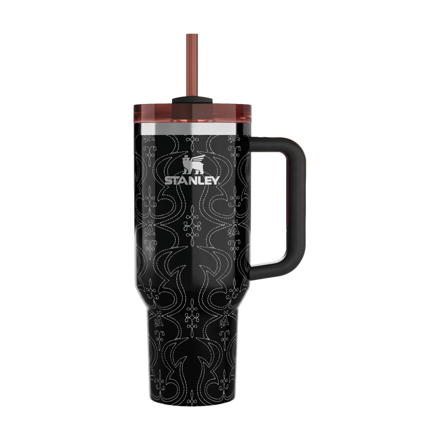 Baroque Icon Tumbler 1200ml - Black & Silver Pattern Quencher with Handle & Straw | Limited Edition