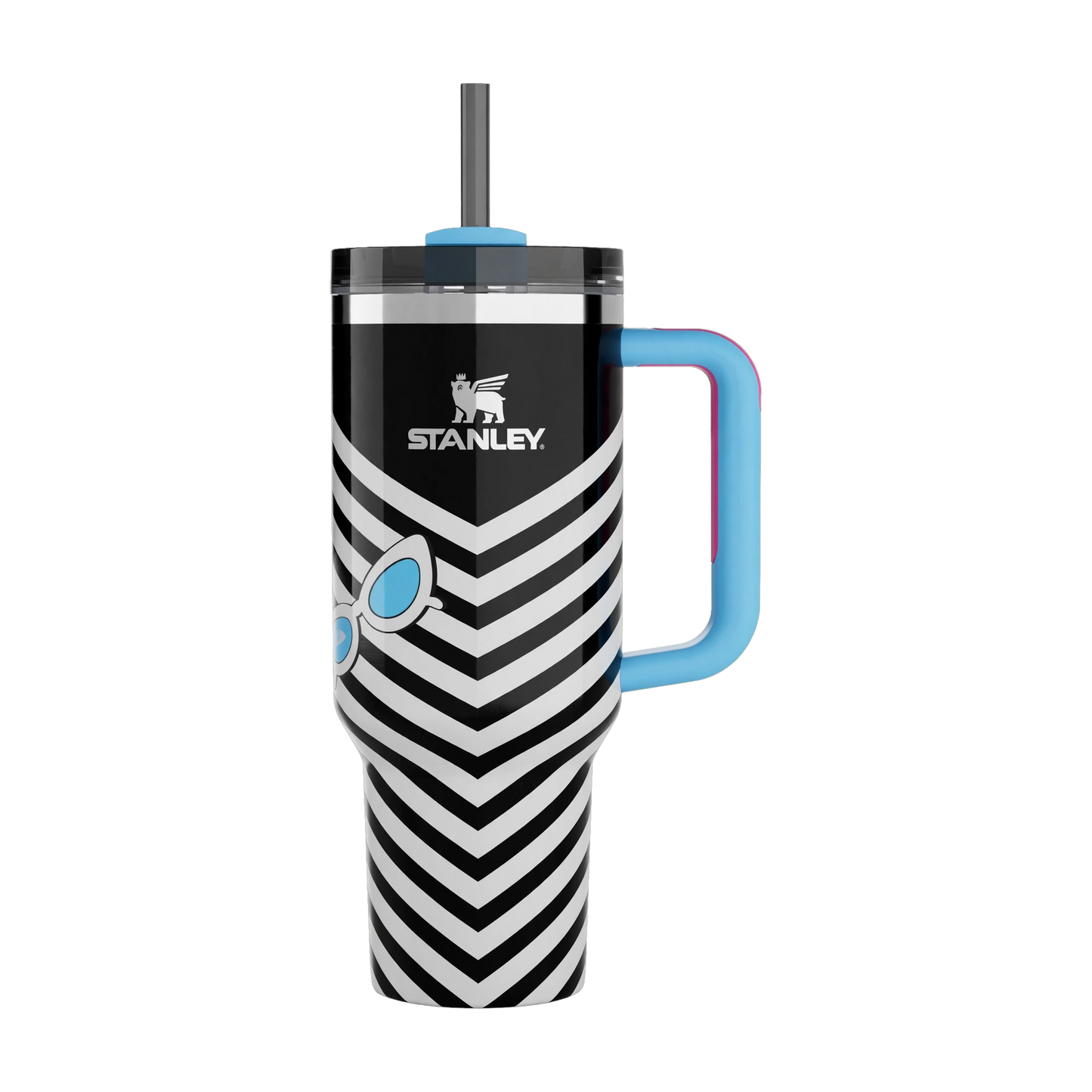 Chevron Icon Tumbler 1200ml - Black & White Zigzag Quencher with Blue Handle & Straw | Limited Edition | Nand Steel World