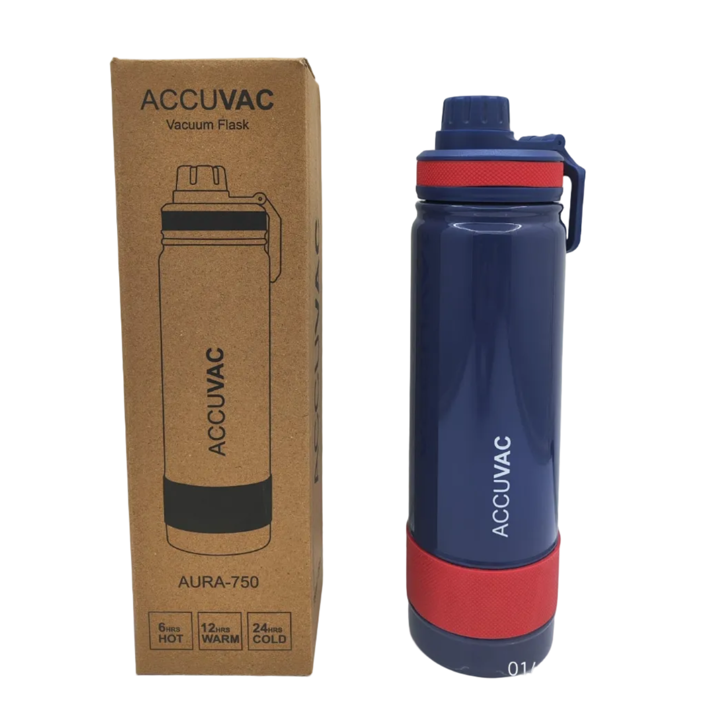 A navy blue Accuvac vacuum flask with red and blue accents stands next to its brown cardboard packaging box on a white surface against a white background.