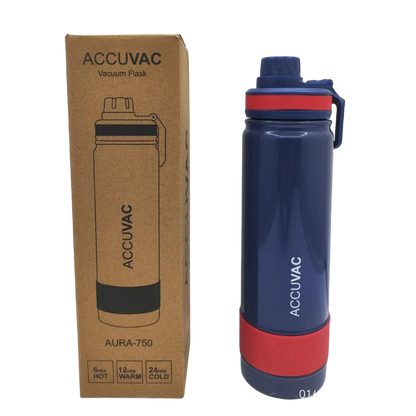 A navy blue Accuvac vacuum flask with red and blue accents stands next to its brown cardboard packaging box on a white surface against a white background.