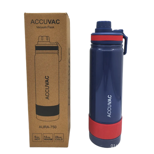A navy blue Accuvac vacuum flask with red and blue accents stands next to its brown cardboard packaging box on a white surface against a white background.