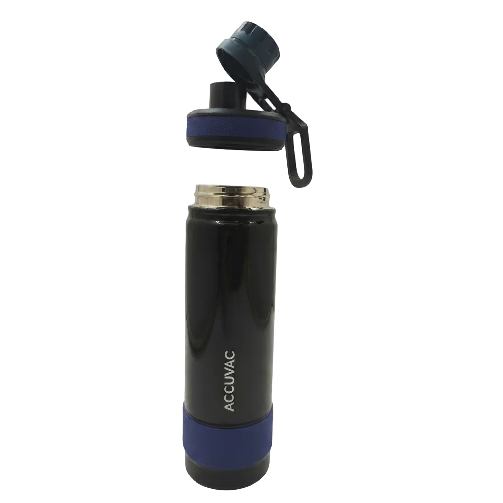 A black AccuVac insulated water bottle with a blue base band, shown with its cap removed and hinged open above the bottle on a white background.