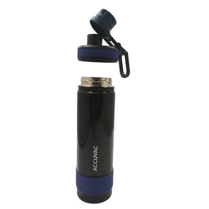 A black AccuVac insulated water bottle with a blue base band, shown with its cap removed and hinged open above the bottle on a white background.