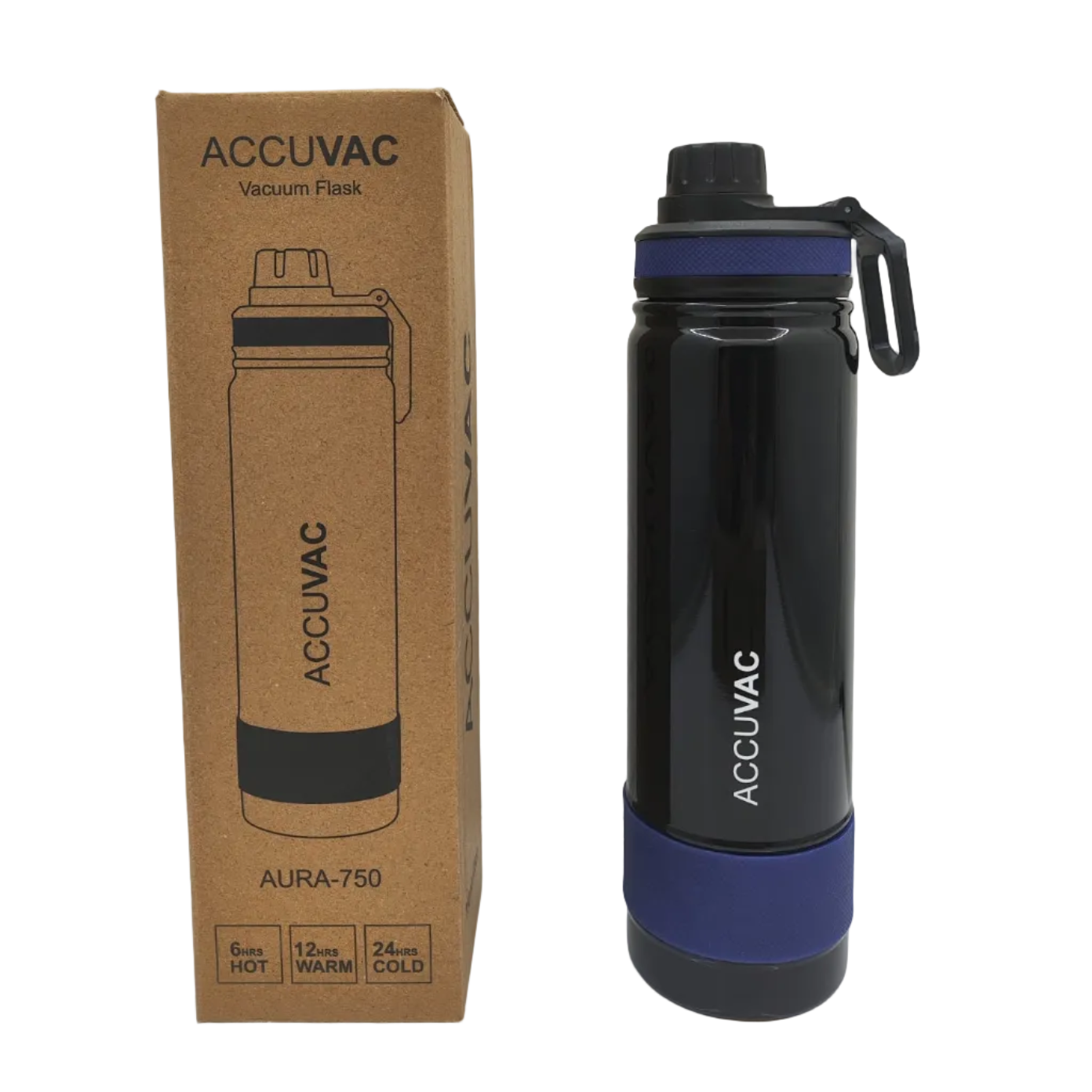 A black Accuvac vacuum flask with a blue base band and black cap, shown next to its brown cardboard packaging box on a white surface.