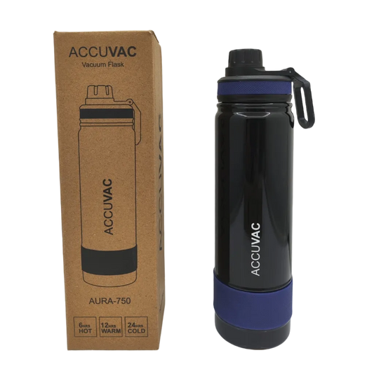 A black Accuvac vacuum flask with a blue base band and black cap, shown next to its brown cardboard packaging box on a white surface.