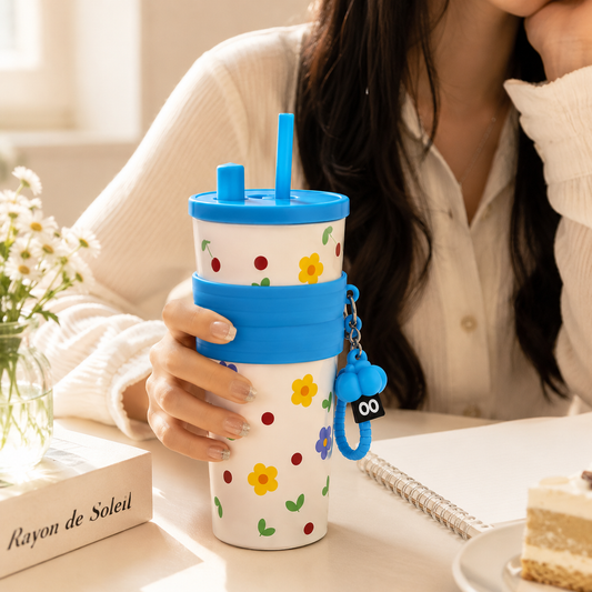 Cute Printed Stainless Steel Tumbler 700ml with Straw & Charm