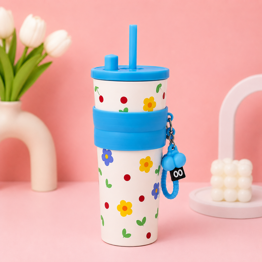 Cute Printed Stainless Steel Tumbler 700ml with Straw & Charm