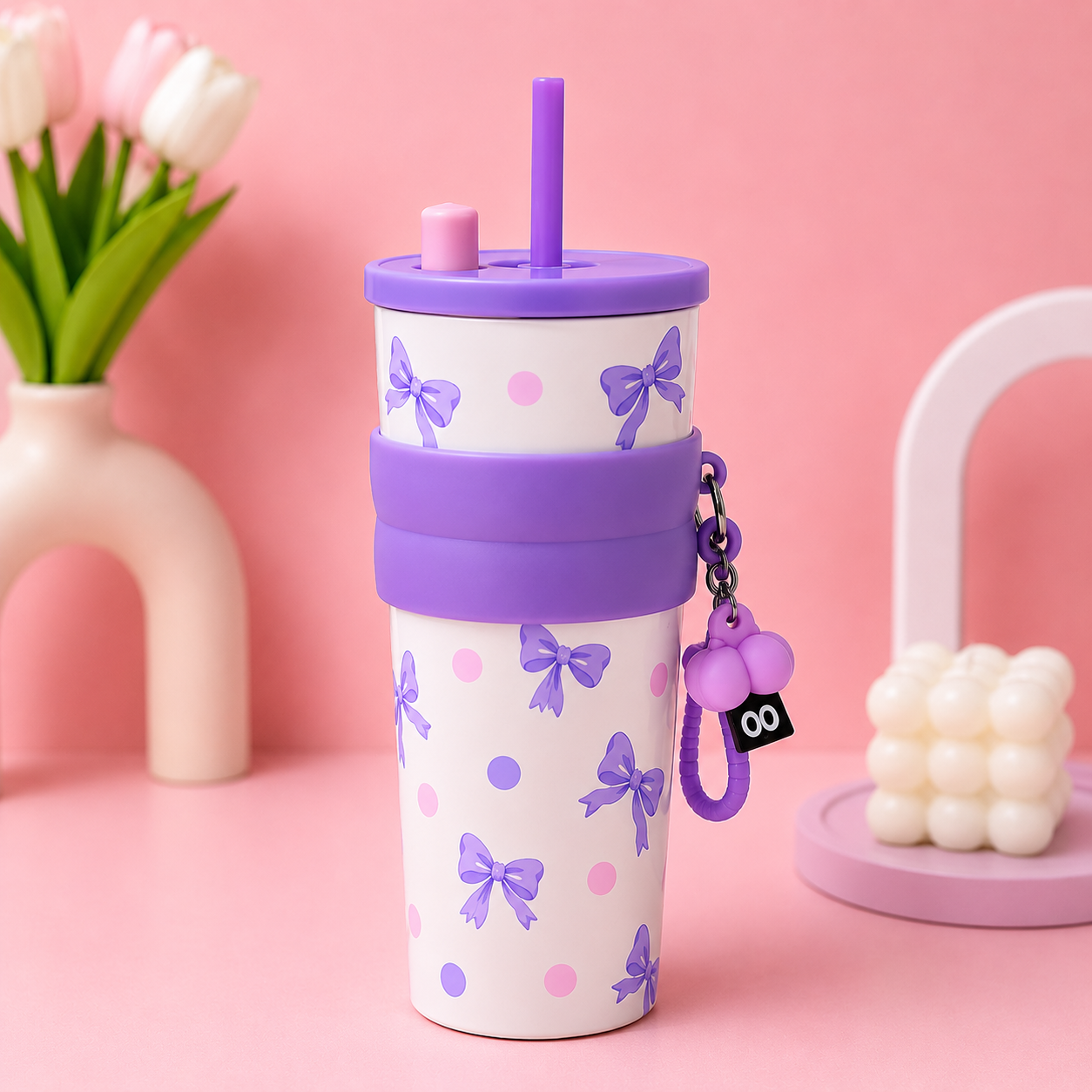 Cute Printed Stainless Steel Tumbler 700ml with Straw & Charm