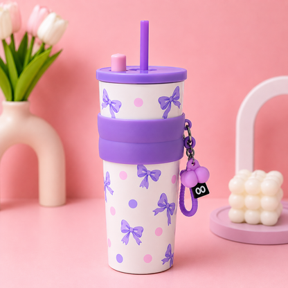 Cute Printed Stainless Steel Tumbler 700ml with Straw & Charm