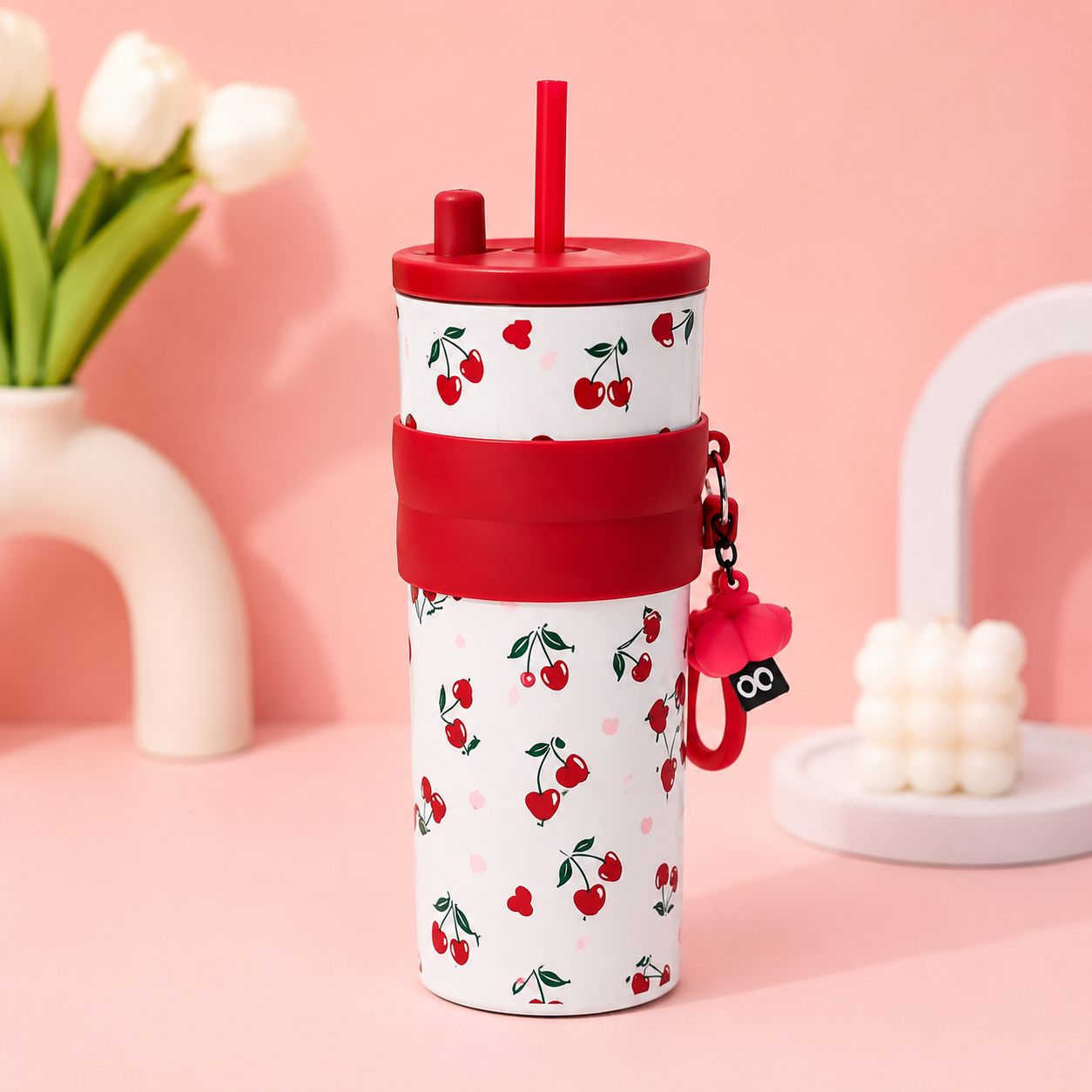 Cute Printed Stainless Steel Tumbler 700ml with Straw & Charm