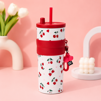 Cute Printed Stainless Steel Tumbler 700ml with Straw & Charm