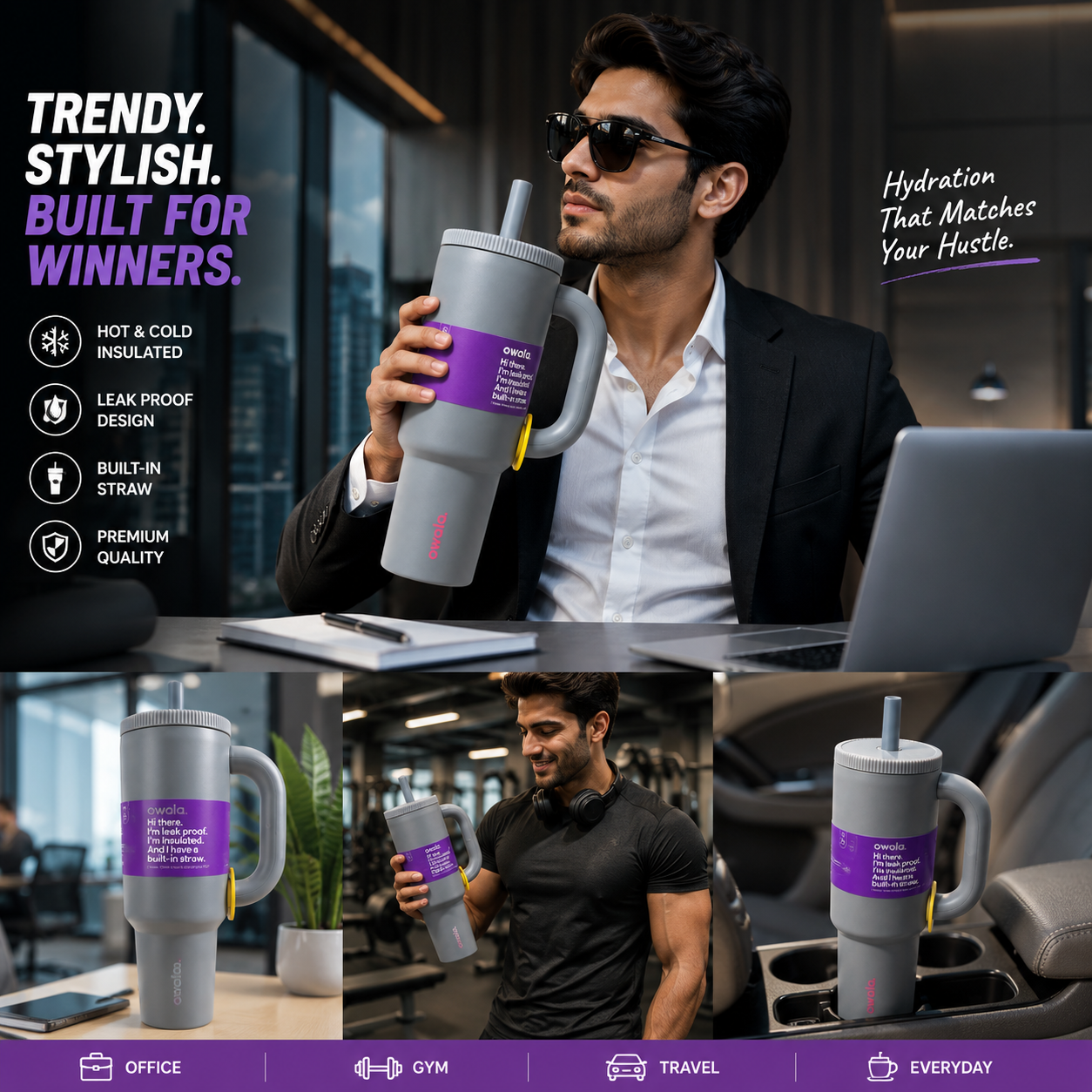 Owala Style Vacuum Insulated Tumbler 1200ml with Handle & Straw