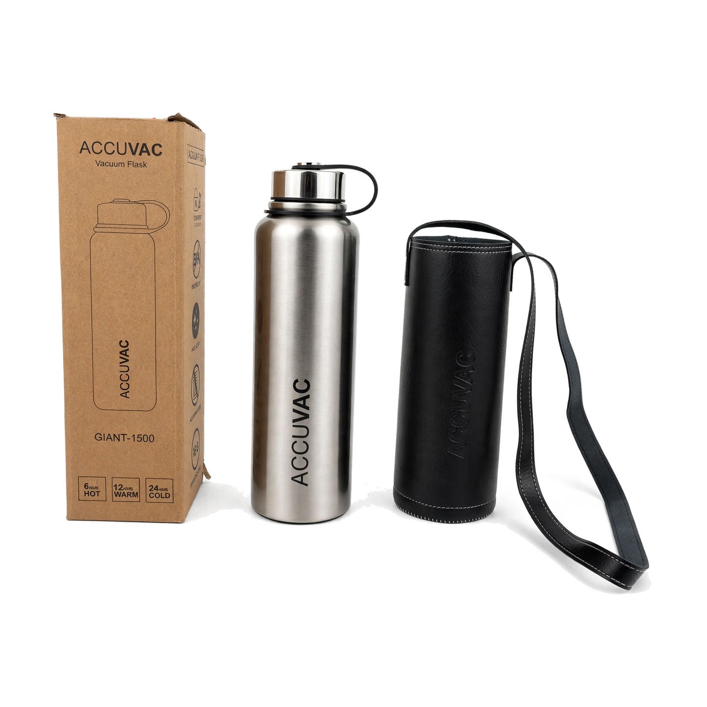 Accuvac Giant 1500ml Premium Stainless Steel Flask + Leather Sling Bag