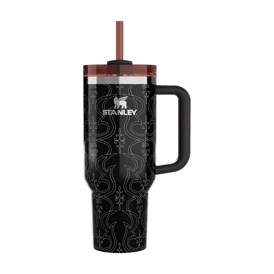 Baroque Icon Tumbler 1200ml - Black & Silver Pattern Quencher with Handle & Straw | Limited Edition