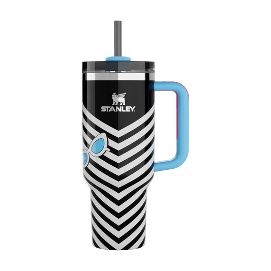 Chevron Icon Tumbler 1200ml - Black & White Zigzag Quencher with Blue Handle & Straw | Limited Edition | Nand Steel World