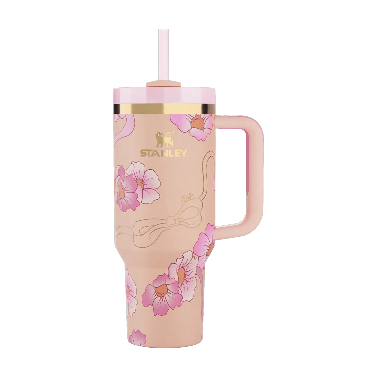 Blush Floral Icon Tumbler 1200ml - Pink Cherry Blossom Quencher with Gold Accent Handle & Straw | Limited Edition | Nand Steel World