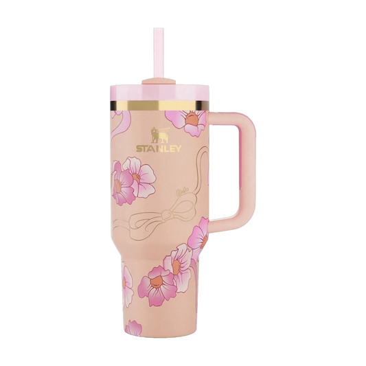 Blush Floral Icon Tumbler 1200ml - Pink Cherry Blossom Quencher with Gold Accent Handle & Straw | Limited Edition | Nand Steel World